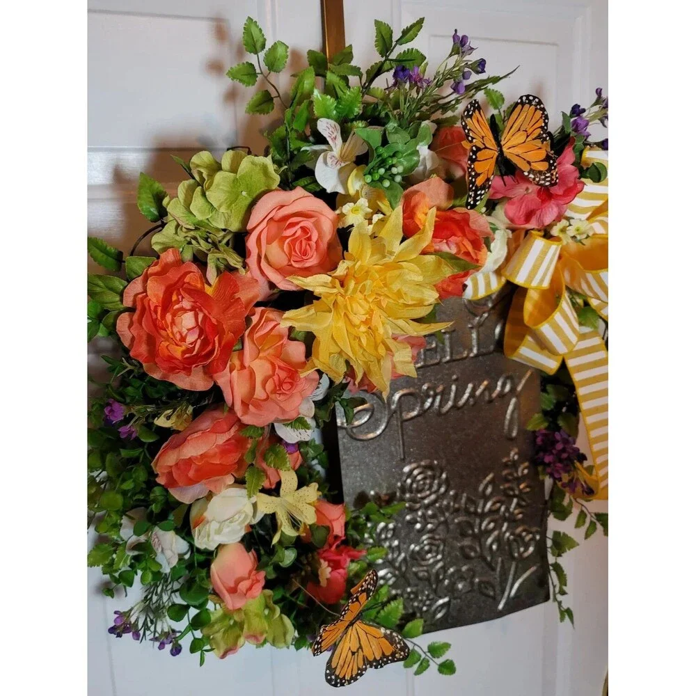 Hello Spring Butterfly Wreath, Spring Florals Grapevine, Floral Farmhouse Wreath